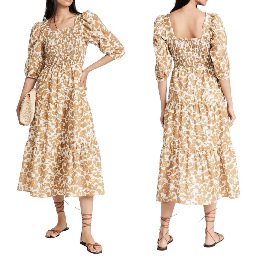 Moon River Smocked Poplin Dress Tiered Skirt Neutral Puff Sleeve Cotton Midi S